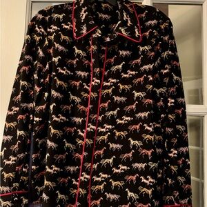 Alice + Olivia Black Horse Print Top with Red Trim